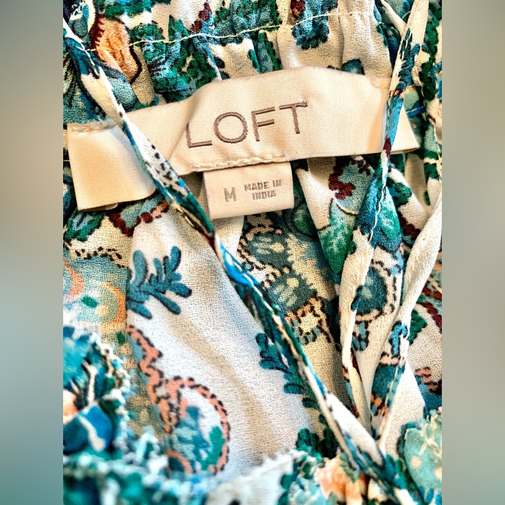 Loft Floral Paisley Ruffle Bottom Long-sleeved Blouse w/ String Tie - Picture 9 of 11
